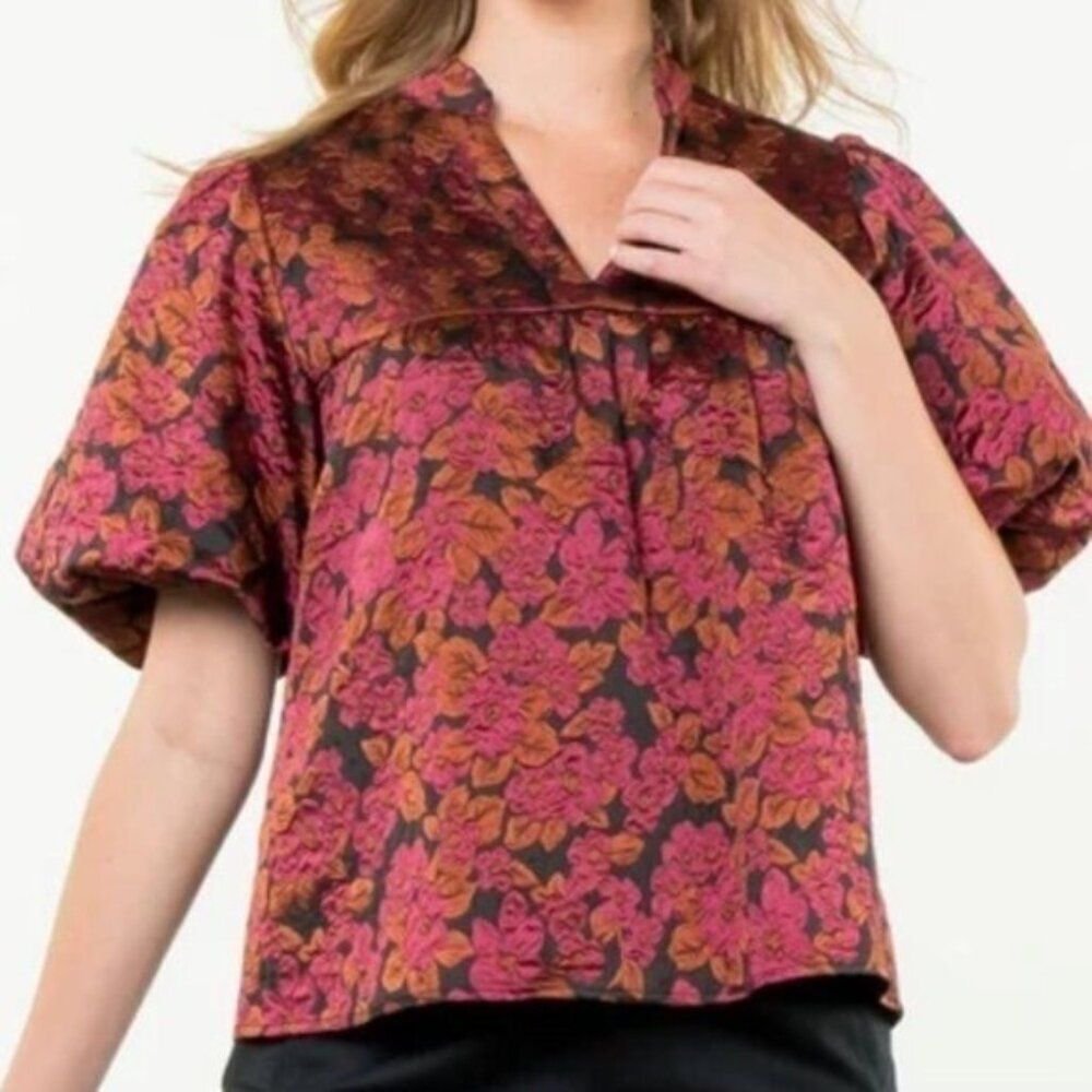 THML  Black Burgundy Orange Floral V Neck Short Puff Sleeve Top M